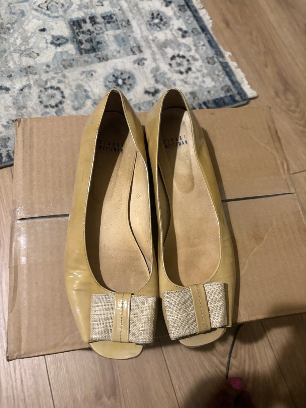 Stuart Weitzman Yellow Peep-Toe Flats with Bow Accent